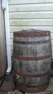 Wood rain barrel next to downspout.