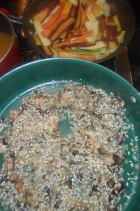 Stirring rice into mushroom mixture.