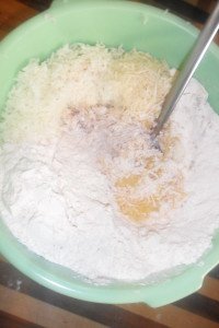 Mixing all recipe ingredients.