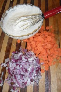 Cheese mixture and cut vegetables.