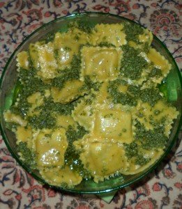 Bowl of carrot top pesto ravioli.