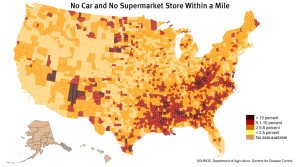 Map of the U.S. depicting lack of food access by distance.